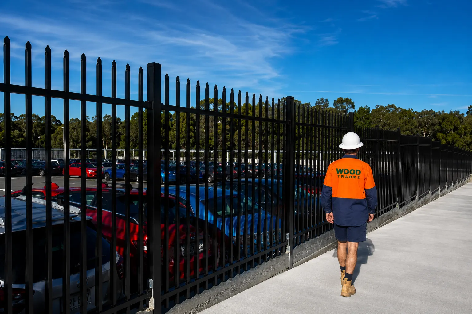 Wood Trades crew member alongside a completed commercial security fence, Gold Coast